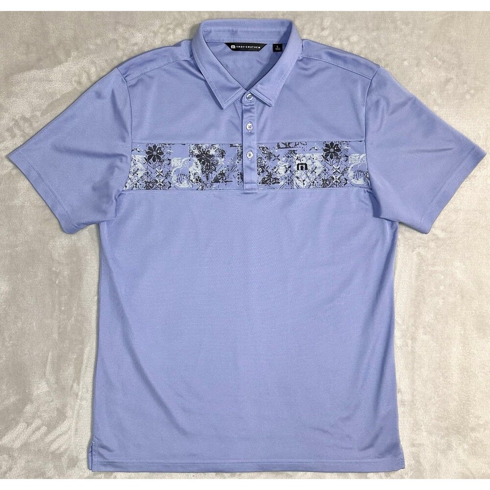 TravisMathew Men's L Lavender Floral Chest Stripe Short Sleeve Golf Polo